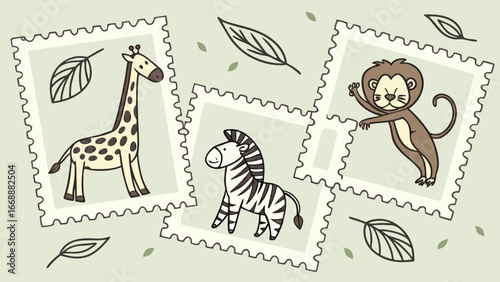 Illustrative stamps featuring a giraffe, zebra, and monkey with leaf accents on a light green background