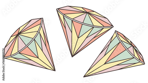 Three colorful geometric diamond shapes with pastel shades arranged on a white background art piece