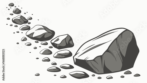 Illustration of a path made of various sized stones leading to a large rock on a white background