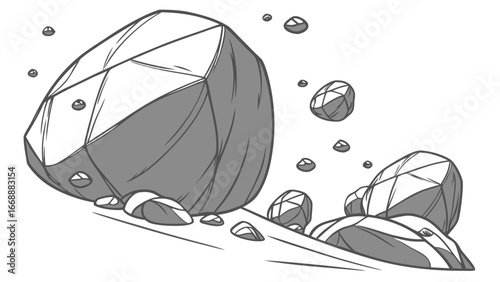 Illustration showing a collection of faceted rocks and pebbles scattered on a white surface plane