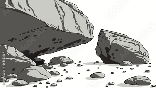 Illustration of a rocky landscape featuring large and small stones scattered across the ground plane