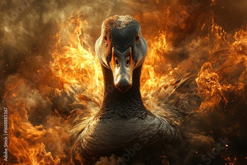 Majestic goose charging through fiery landscape, showcasing its powerful physique and fierce expression, surrounded by swirling smoke and flames, embodying strength and wild beauty. wild animal