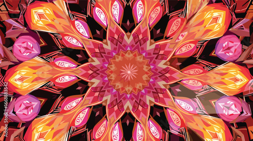 Colorful Abstract Mandala with Floral Petals and Geometric Shapes in Warm Tones pattern.
