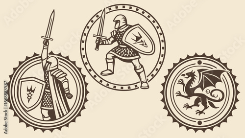 Three circular emblems featuring a knight raising a sword, a knight with shield, and a dragon emblem design