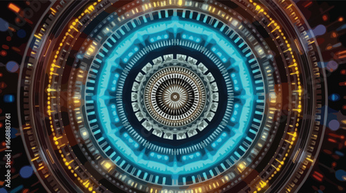 Futuristic Blue and Orange Circular Sci- Fi Interface with Glowing Lights abstract technology.