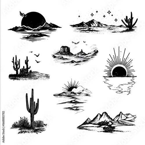 Psychedelic desert related images in the art style of the graphic artist Boneface A page of scenic perspectives in the style of minimalist tattoos with black .