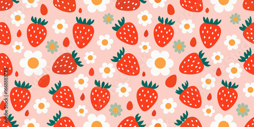 Cheerful Strawberry and Daisy Pattern on Pink Background fruit food