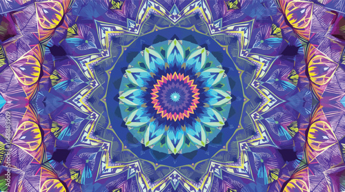 Intricate Blue and Purple Mandala Pattern with Vibrant Yellow Accents geometric symmetrical.