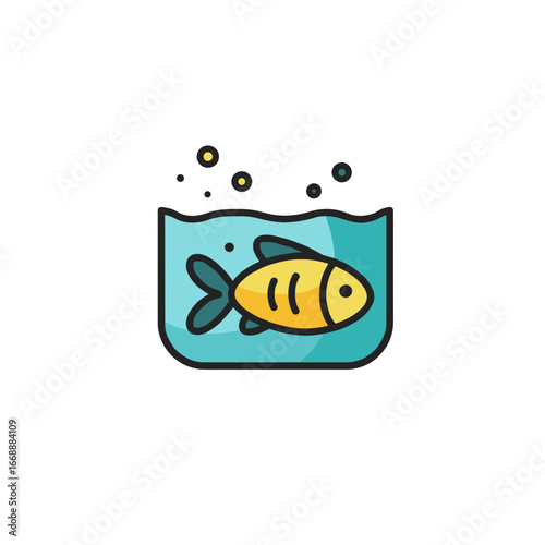 Cartoon fish swimming in an aquarium with bubbles in water  