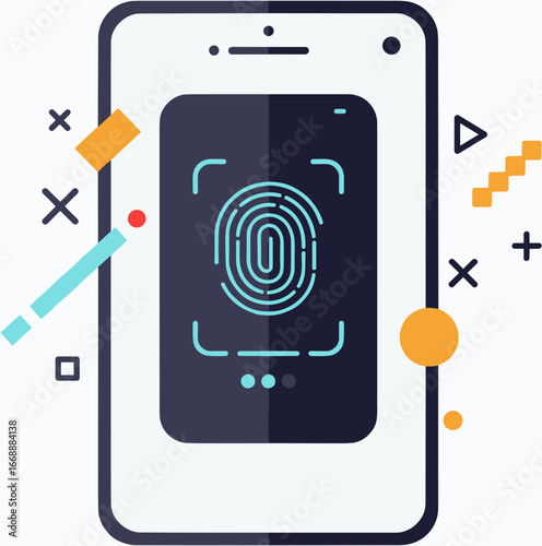 Fingerprint scanner on smartphone with colorful geometric elements  