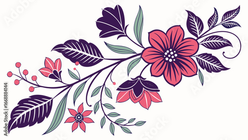 Floral arrangement with pink and purple flowers, green leaves, and berry accents on a white background