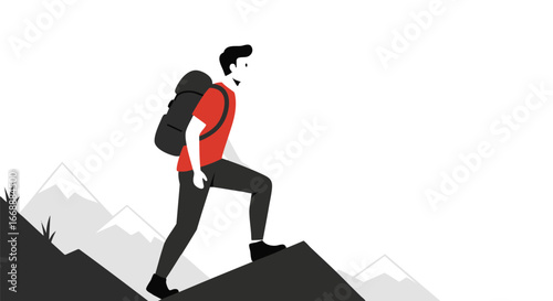 Man with a backpack hiking up a steep mountain slope. Vector illustration concept for adventure, travel, and reaching goals