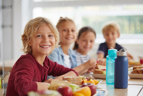 Children enjoying healthy lunch together at school cafeteria. Balanced meals with fruits, sandwiches, and water
