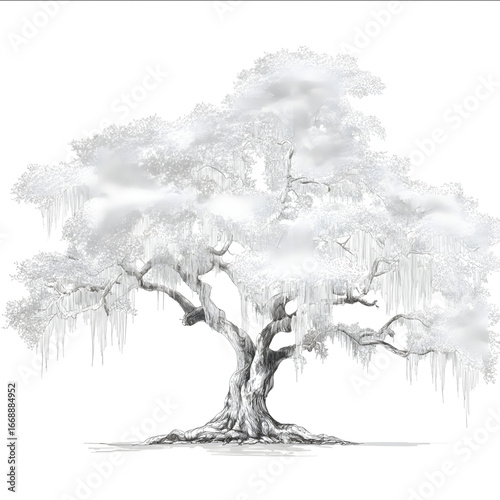 White line drawing of angel oak tree with spanish moss on a transparent background.