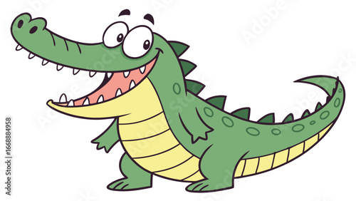 Cartoon alligator with a wide smile and open mouth standing on its hind legs looking happy and friendly