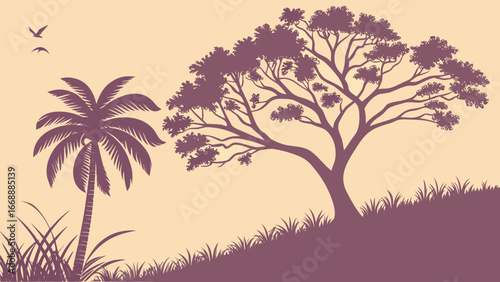 Silhouette landscape with palm tree, large tree, grass, and two birds in a light orange background