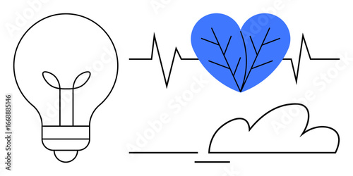 Lightbulb, heartbeat line, leaf-shaped heart, and cloud symbolizing innovation, health, sustainability, and nature. Ideal for eco-awareness, healthcare creativity wellness clean energy