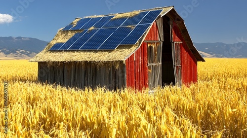 Rustic Red Barn with Solar Panels in Golden Field
