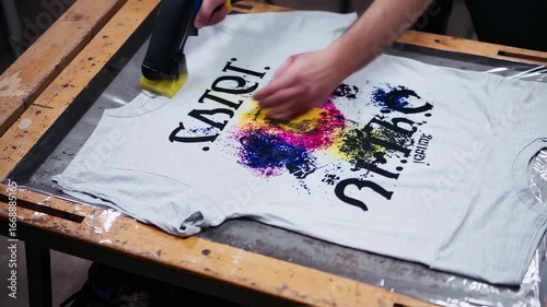 T-shirt printing process showcasing vibrant color applications and drying techniques, highlighting