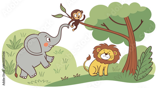 Cartoon illustration of an elephant monkey and lion in a jungle like setting with a tree and grass