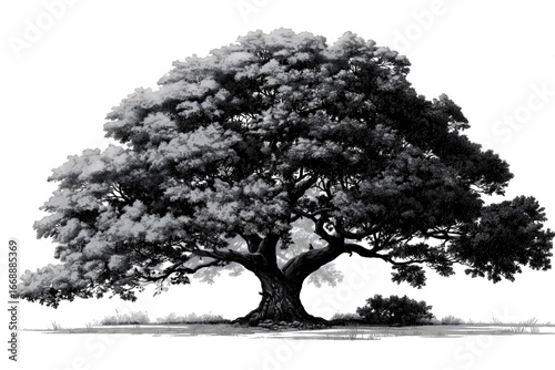 silhouette of a wide spreading tree with a lush voluminous crown The drawing should be an outline.