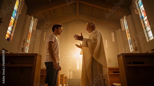 Warmly Lit Church Interior Featuring a Young Man Conversing with a Priest in White Robes Amidst Stained Glass Windows and Wooden Pews