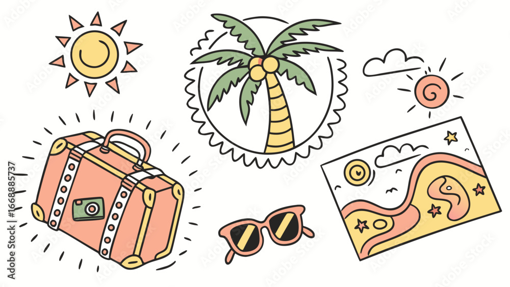 Fototapeta premium Illustration of a suitcase, sunglasses, palm tree, sun, and vacation photo for a summer trip
