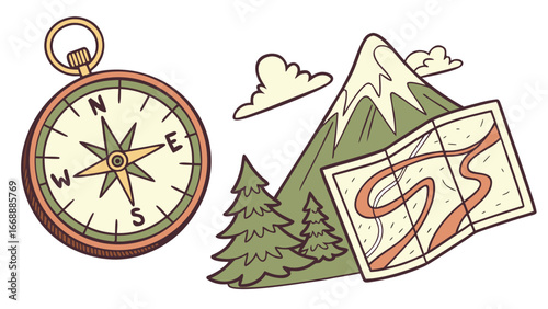 Illustration of a compass with map, trees, mountain, and clouds for outdoor adventure planning trip