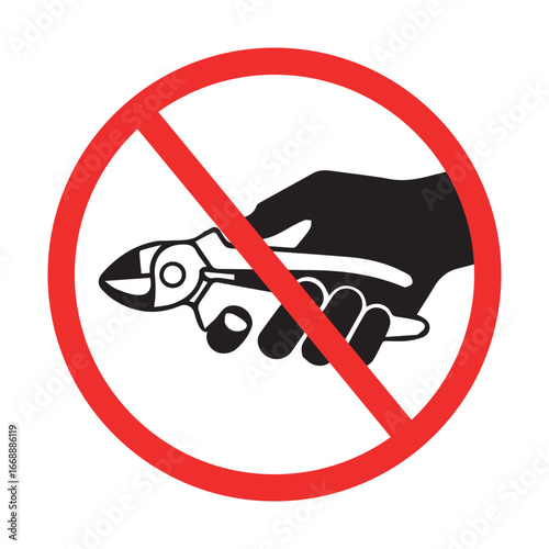 no hand tool use allowed warning sign, prohibited pliers symbol, safety alert for restricted equipment