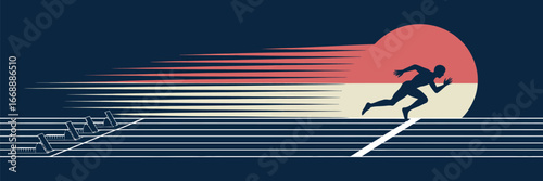 A silhouette of a runner sprinting from starting blocks on a track with a sun in the background design