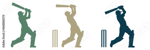 Three cricket player silhouettes in different colors swinging bat next to wickets on white background