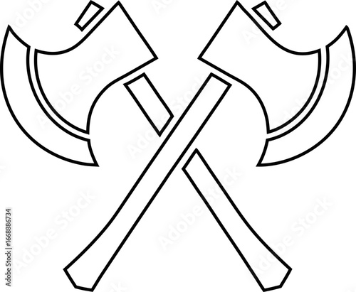 Line art Cross axes logo design rugged, bold, perfect for adventure brands, survival gear, and forest themes.