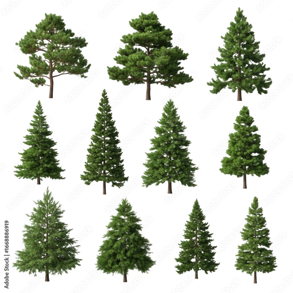Obraz premium Collection of diverse evergreen trees for landscape design and nature projects transparent background