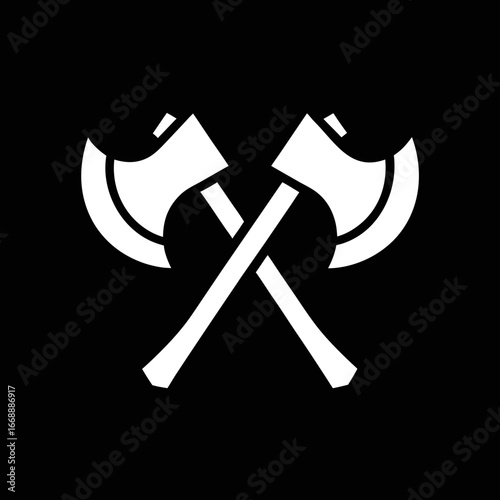 Black background crossed axes vector for survival gear branding, forest adventure visuals, and timber-sport logo use.