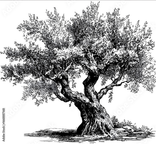 Vintage line art Simple flat design of a Greek olive tree Graphic illustration of an ancient Greek oak with leaves Vector lines black and white engraving clip.