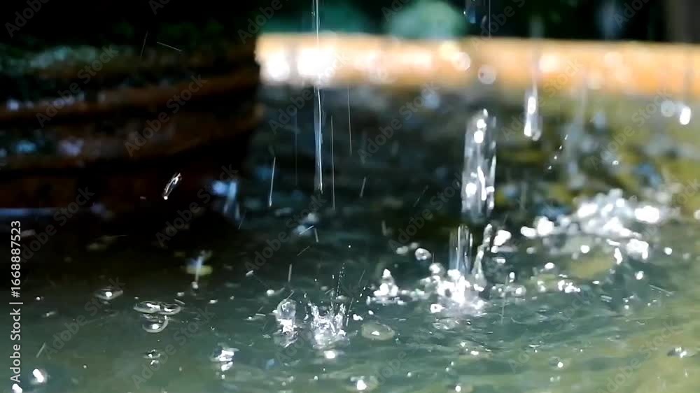 Close-up of water droplets splashing into a rustic stone fountain bowl in a garden, creating ripples and reflections with greenery in the background