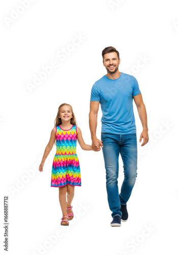 Smiling father and daughter holding hands, walking together. Ideal for Father's Day promotions, family lifestyle content, childhood development, or spring and summer event designs,