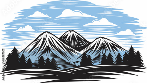 Illustration of three mountains with snow caps and a forest under a cloudy blue sky landscape view silhouette
