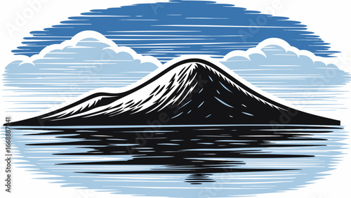 Illustration of a mountain with snow cap reflected in water under a cloudy blue sky landscape scene silhouette