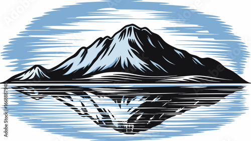 Illustration of a mountain range with snow caps reflected in water under a cloudy sky landscape view silhouette