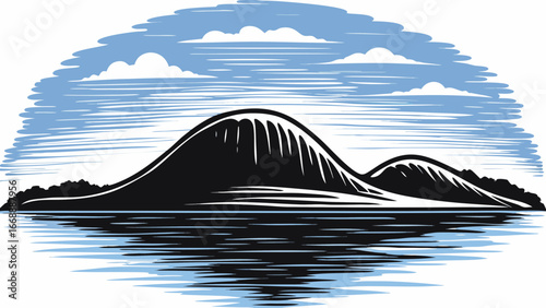 Illustration of a mountain range reflected in water under a cloudy sky in a stylized graphic design style silhouette