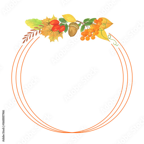 Autumn elements arrangement thin round frame rowan, rosehip, leaves, acorn, seasonal fall holiday watercolor floral illustration for Halloween, Thanksgiving party decor, for invitation, greeting card