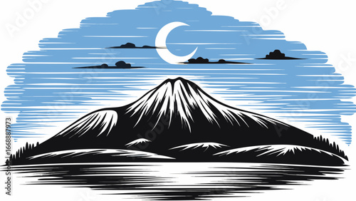 Mountain peak reflected on water under a crescent moon and cloudy sky in monochrome illustration silhouette