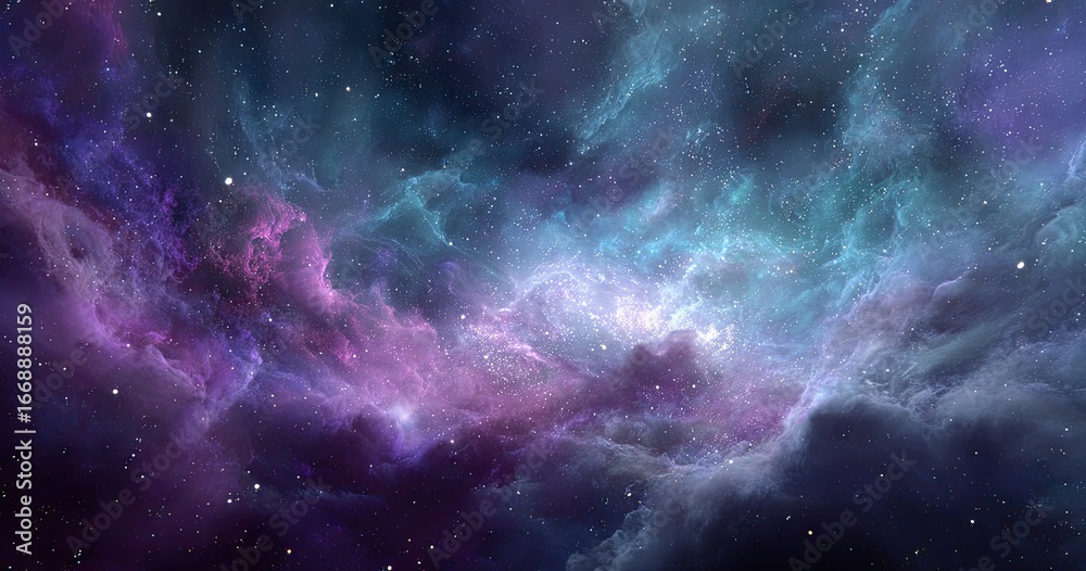 Fototapeta premium A swirling nebula of teal, purple, and dark hues, speckled with countless stars, creating a cosmic scene of ethereal beauty and vastness