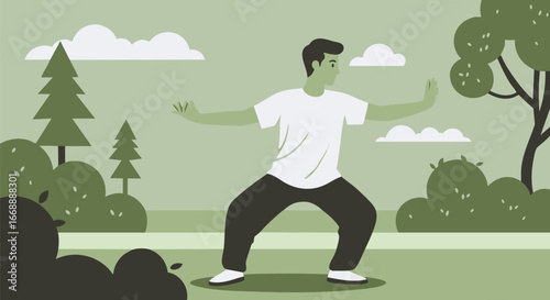 Man Practicing Tai Chi Chuan in a Serene Park Setting
