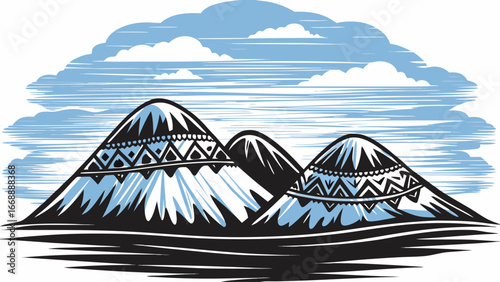 Illustration of three mountains with decorative bands under a cloudy blue sky landscape view silhouette
