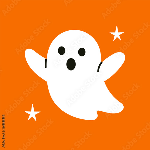 Vector funny ghost in flat design. Cute funny phantom and playful spirit. Happy halloween clipart for party invitations, stickers and spooky decor.