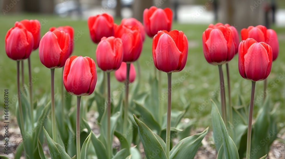 Obraz premium Vibrant Red Tulips Blooming in Spring Garden