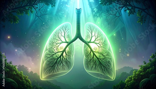 Radiant green human lungs illuminated in a mystical, lush forest, representing healthy breathing, ecological vitality, and the profound connection between nature and life