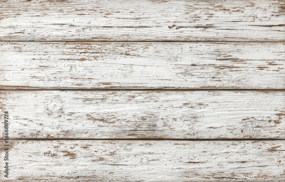 Obraz premium Whitewashed horizontal wood planks with distressed, peeling paint showing natural wood grain underneath